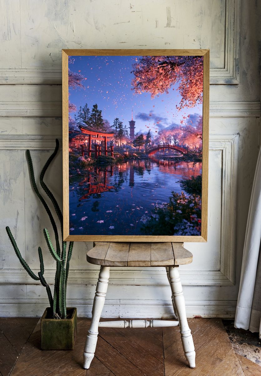 Cherry Blossom Japanese Garden Print. room preview