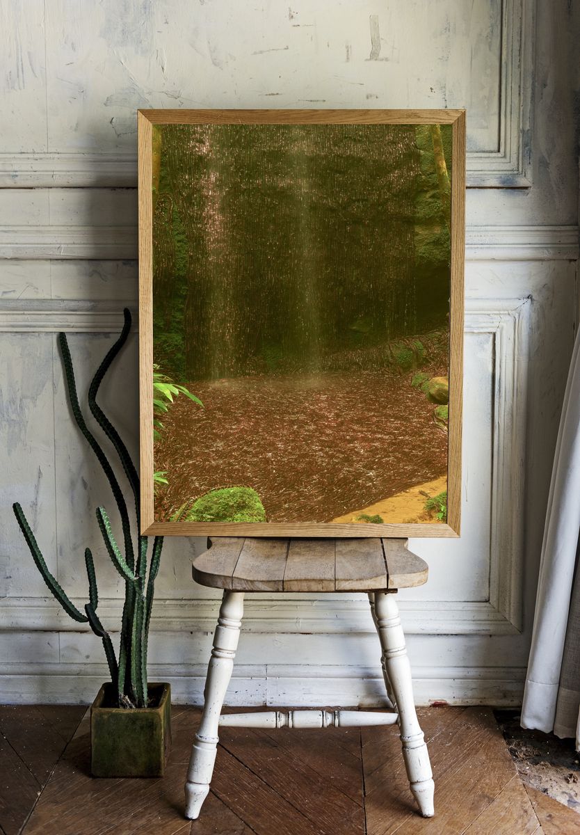 Misty Jungle Waterfall Photography Poster. room preview