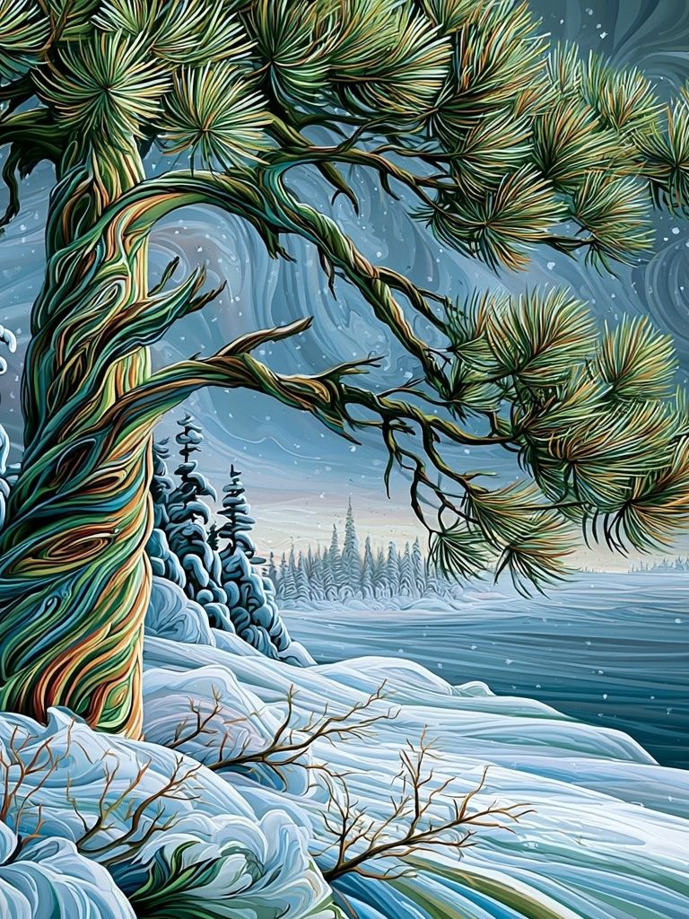 Snowy Pine Landscape Illustration Poster. poster detail
