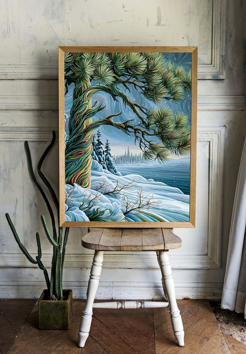 Snowy Pine Landscape Illustration Poster. — room view 1