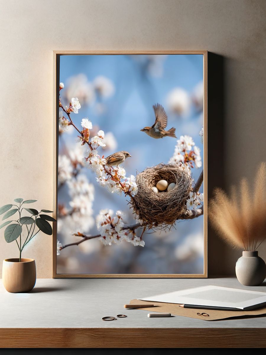 Spring Birds Nest Photography Poster. — room view 2