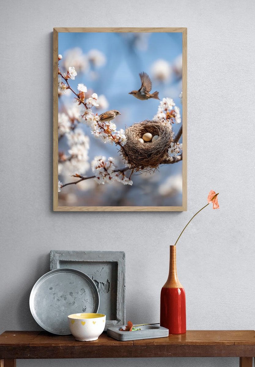 Spring Birds Nest Photography Poster. — room view 3