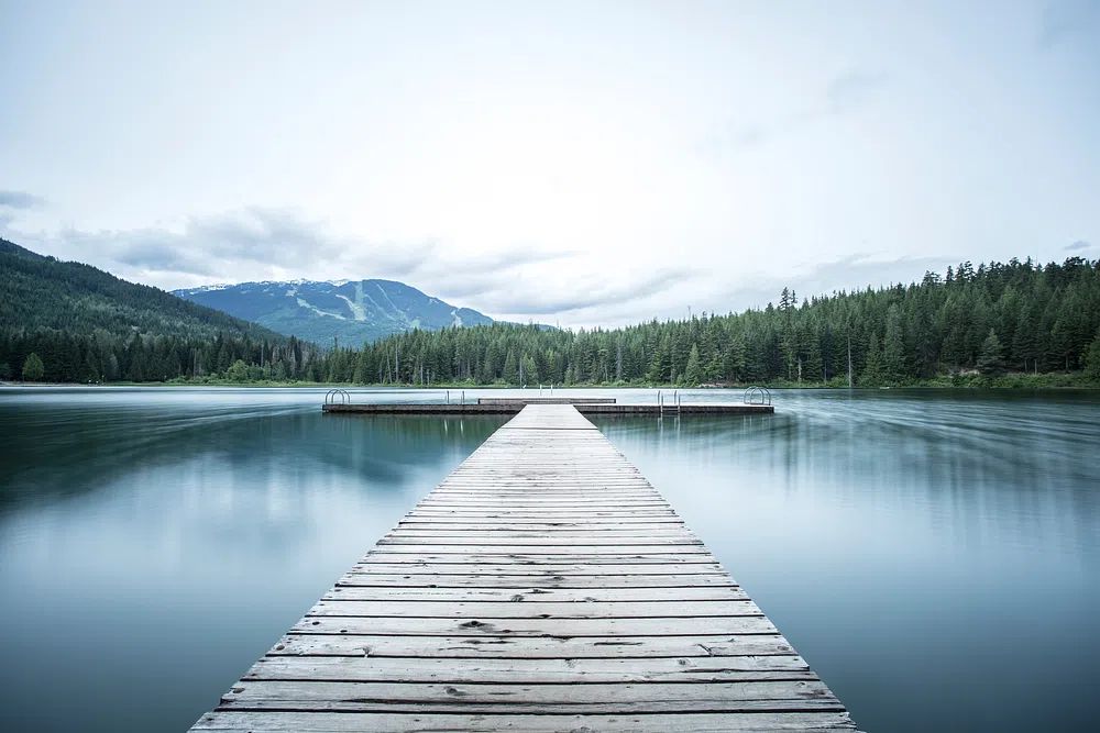 long wooden pier smooth lake. poster — nature art