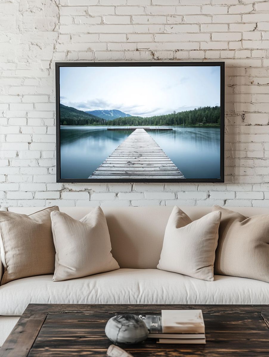 long wooden pier smooth lake. room preview