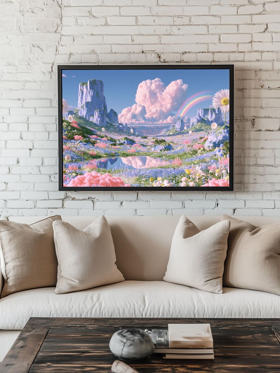 Pastel Rainbow Meadow Landscape Print. room preview