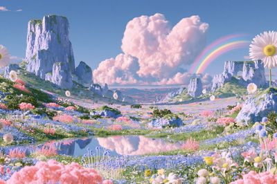 Pastel Rainbow Meadow Landscape Print. poster
