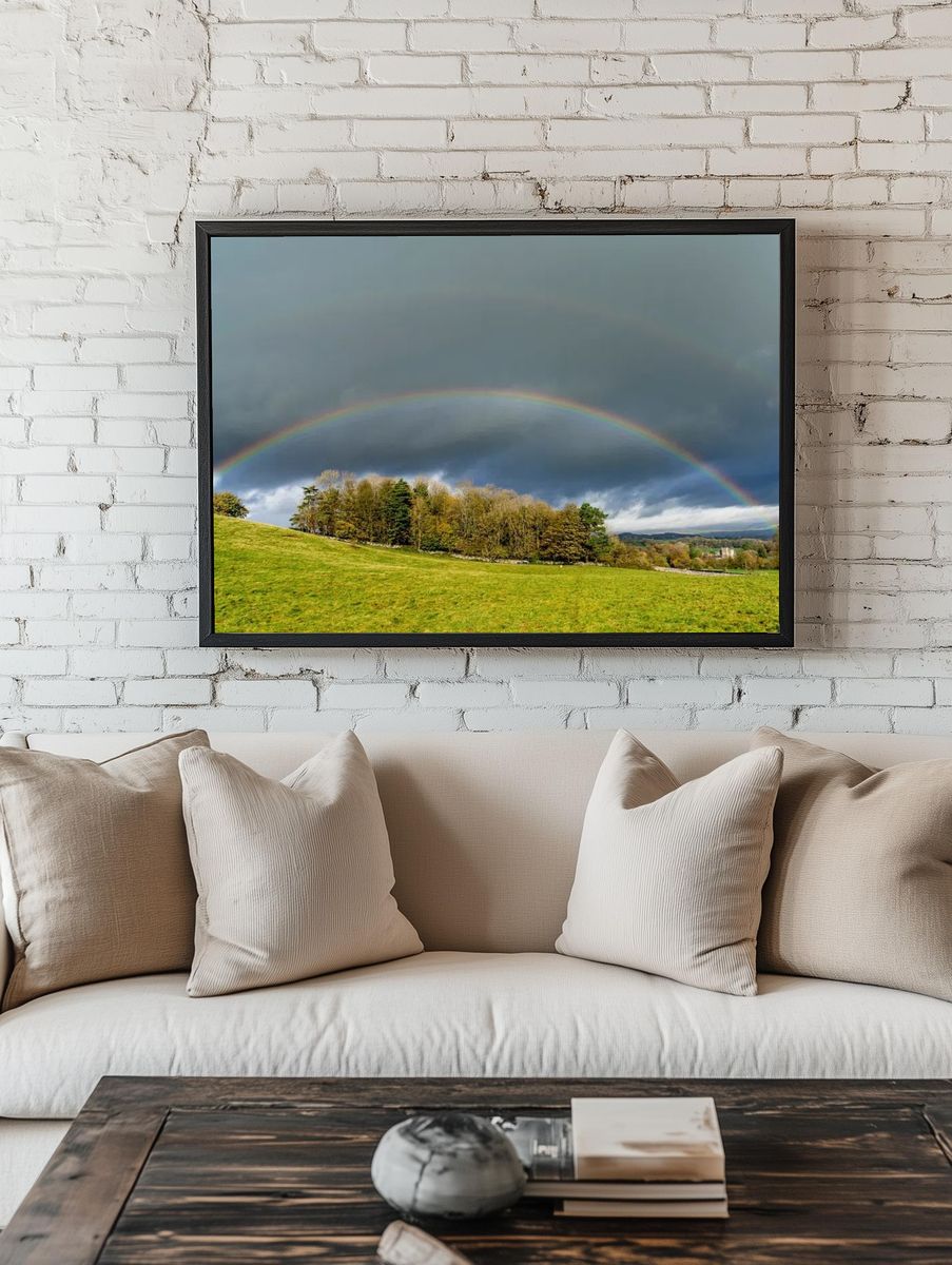 Rainbow Over Green Hills — Nature Poster. — room view 1