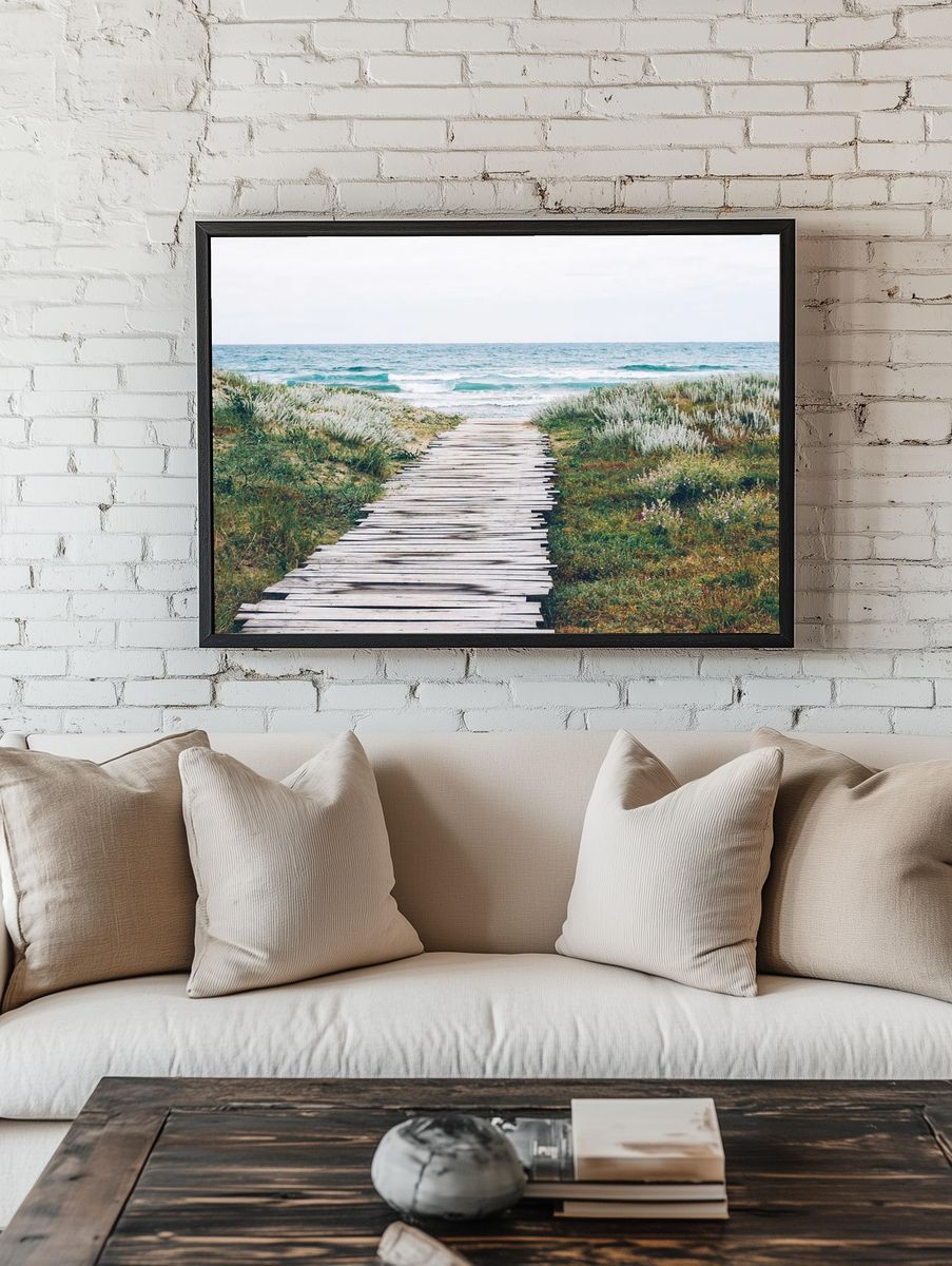 Wooden path grass ocean beach. room preview
