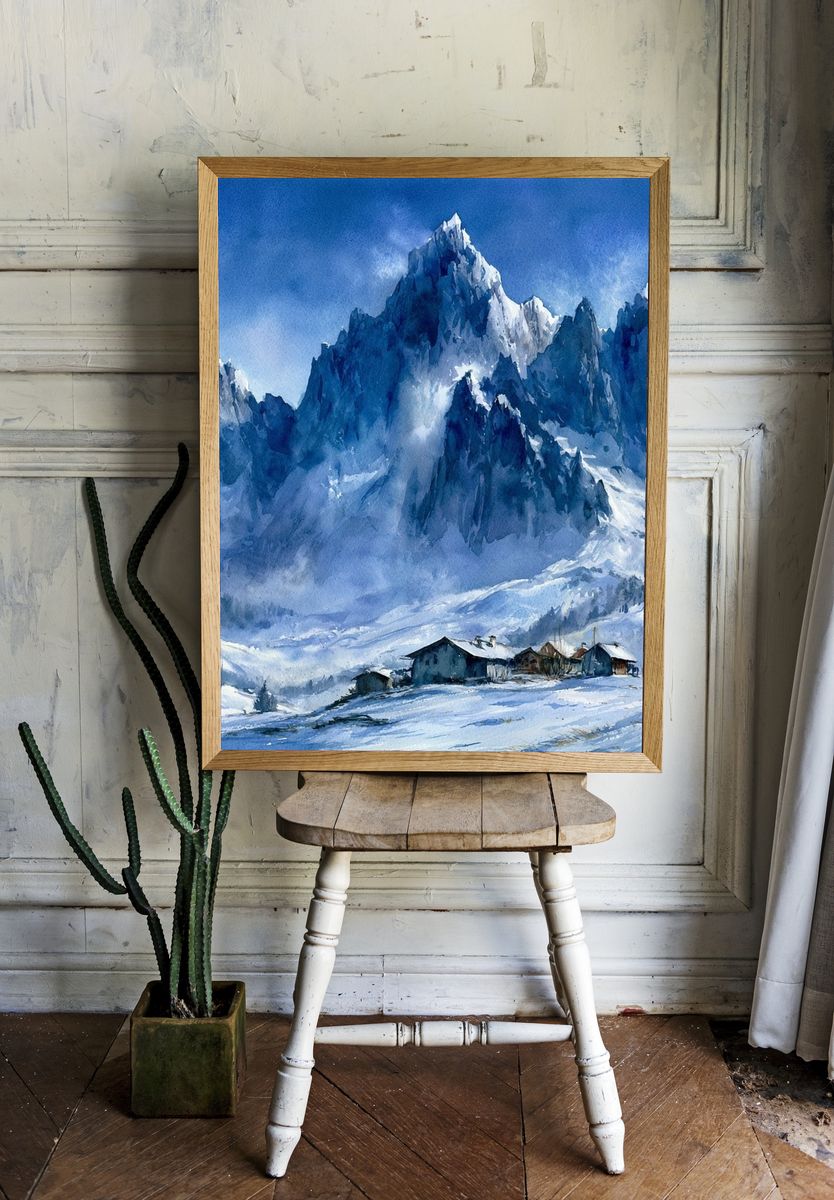 Snowy Alpine Peaks Watercolor Poster. room preview