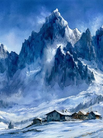 Snowy Alpine Peaks Watercolor Poster.