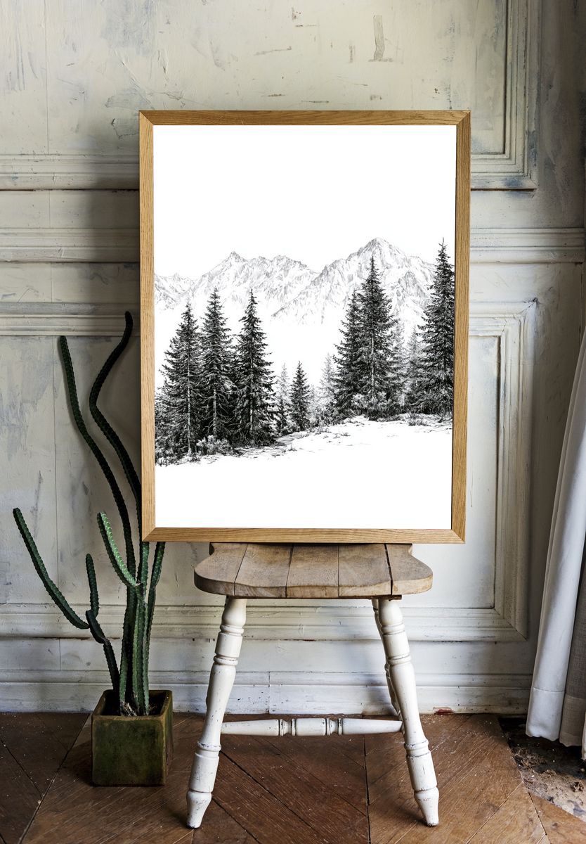Snowy Pine Mountain Landscape Print. — room view 1