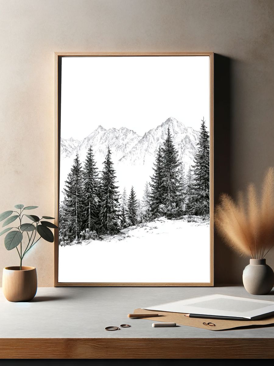 Snowy Pine Mountain Landscape Print. — room view 2