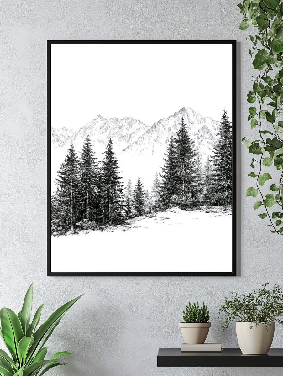 Snowy Pine Mountain Landscape Print. — room view 4