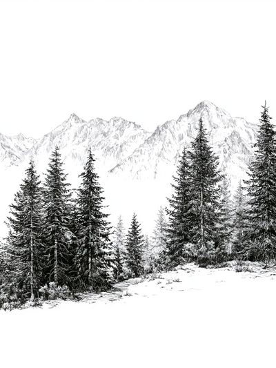 Snowy Pine Mountain Landscape Print.