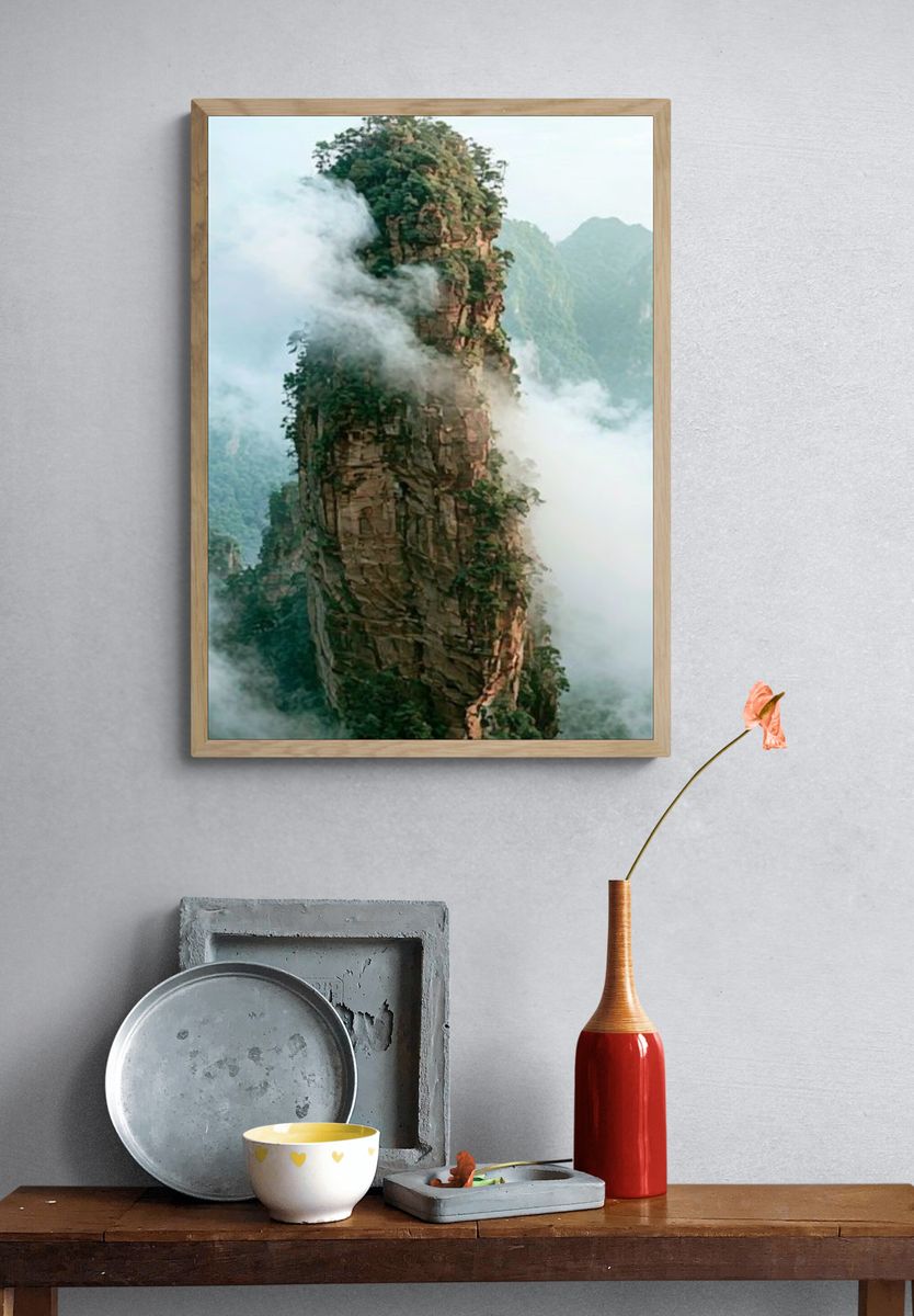 Misty Mountain Pillar Nature Poster. — room view 3