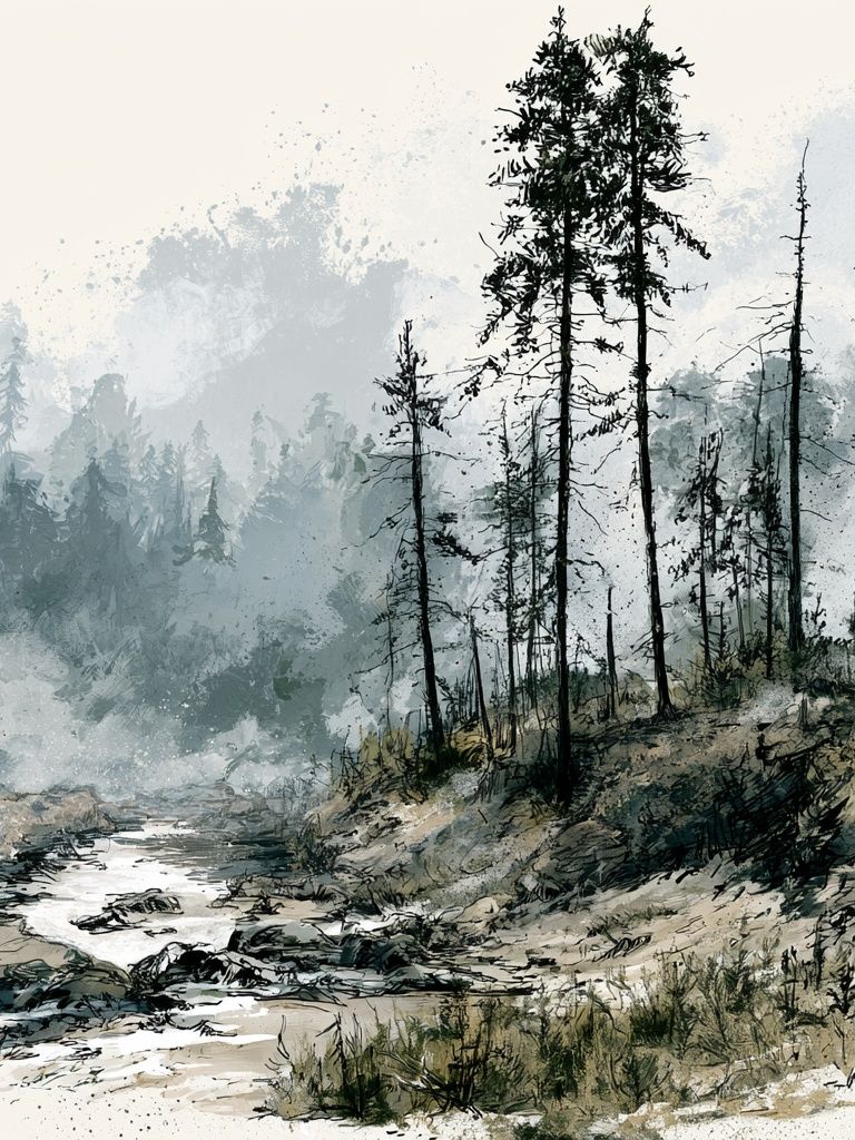 Misty Pine Forest Watercolor Print. poster detail