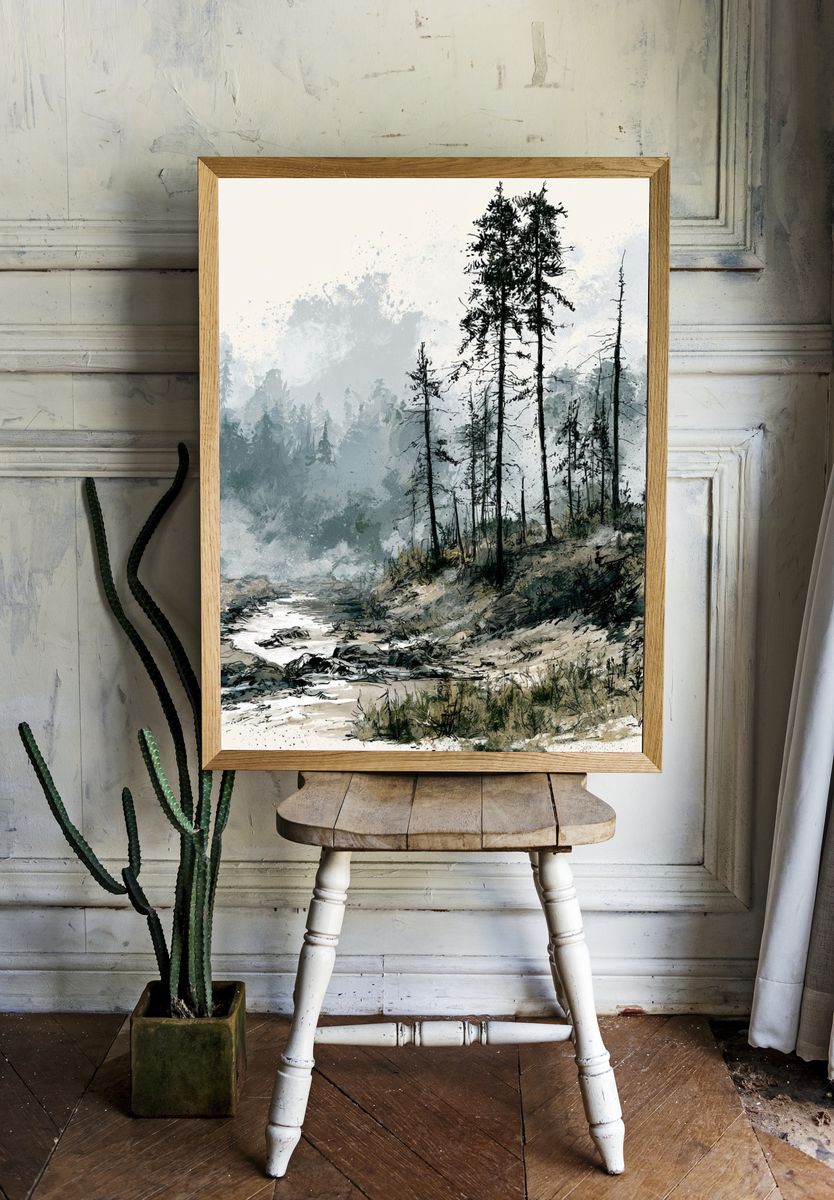 Misty Pine Forest Watercolor Print. room preview