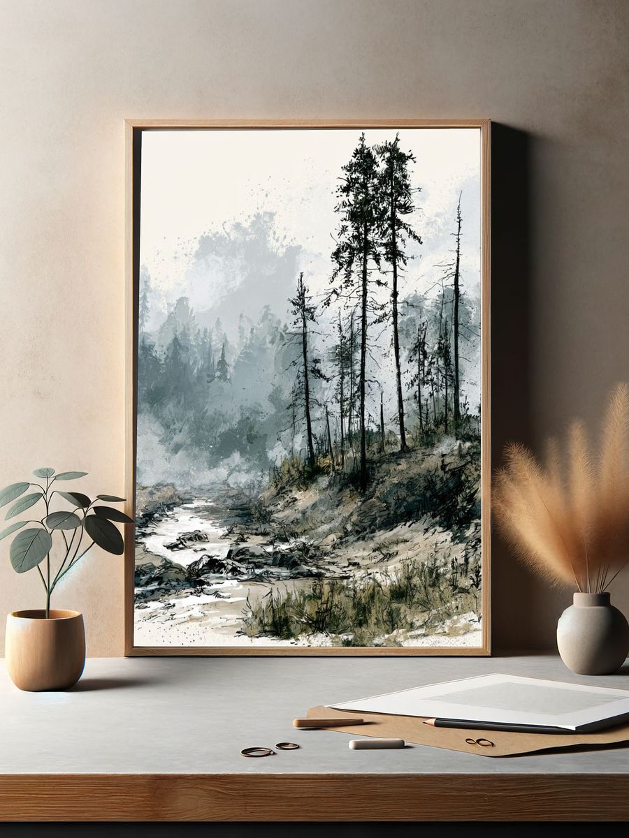 Misty Pine Forest Watercolor Print. — room view 2