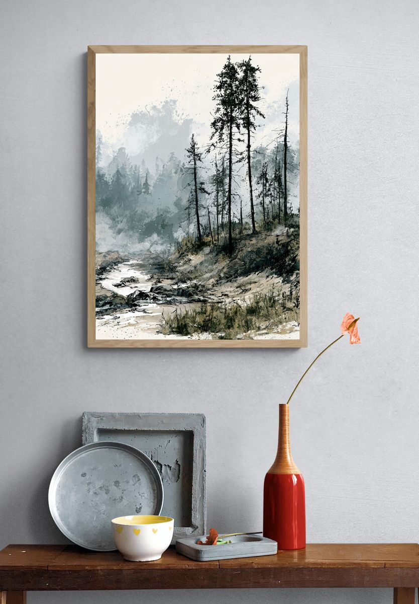Misty Pine Forest Watercolor Print. — room view 3
