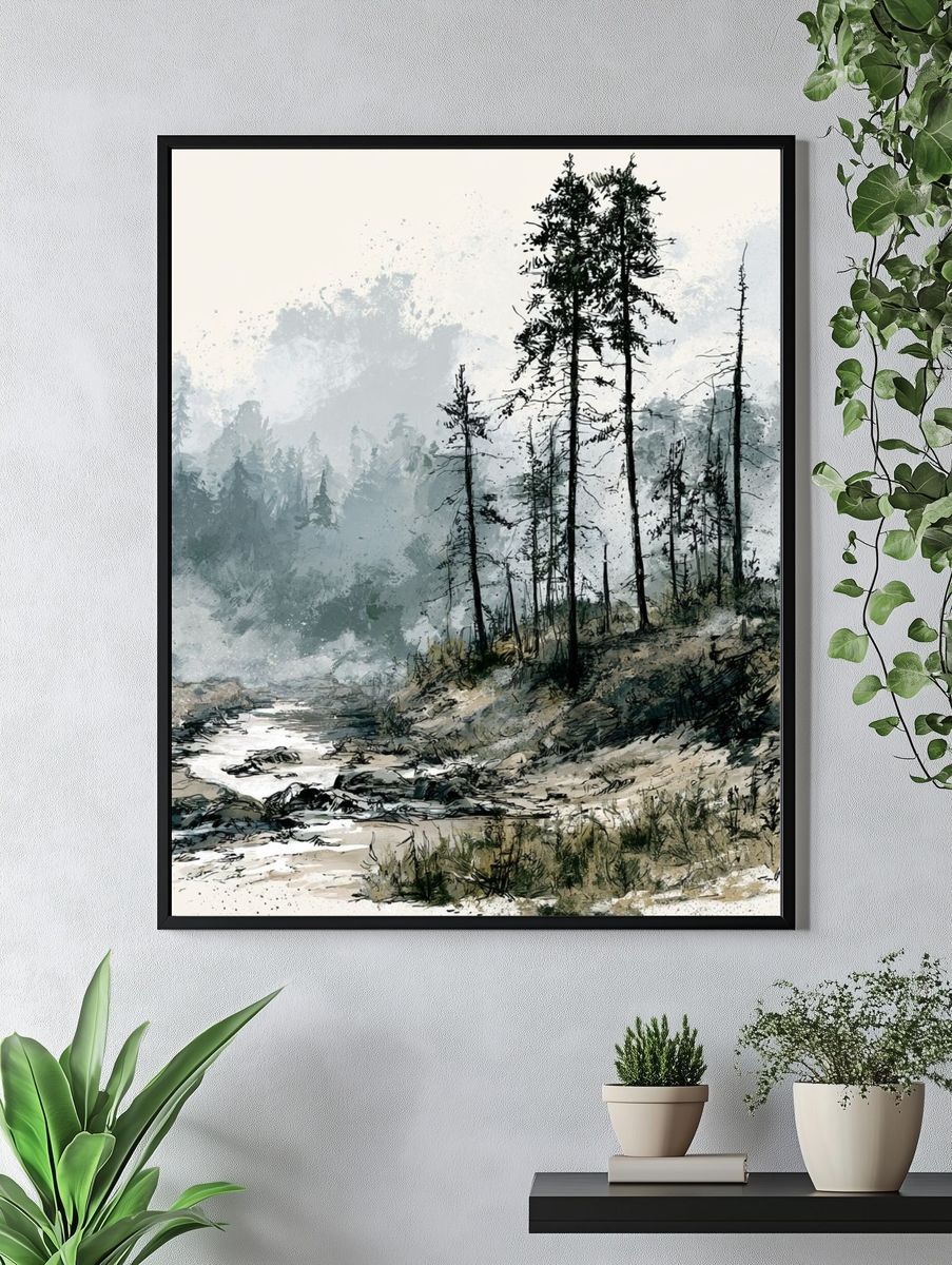 Misty Pine Forest Watercolor Print. — room view 4