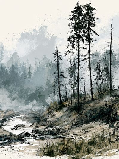 Misty Pine Forest Watercolor Print.
