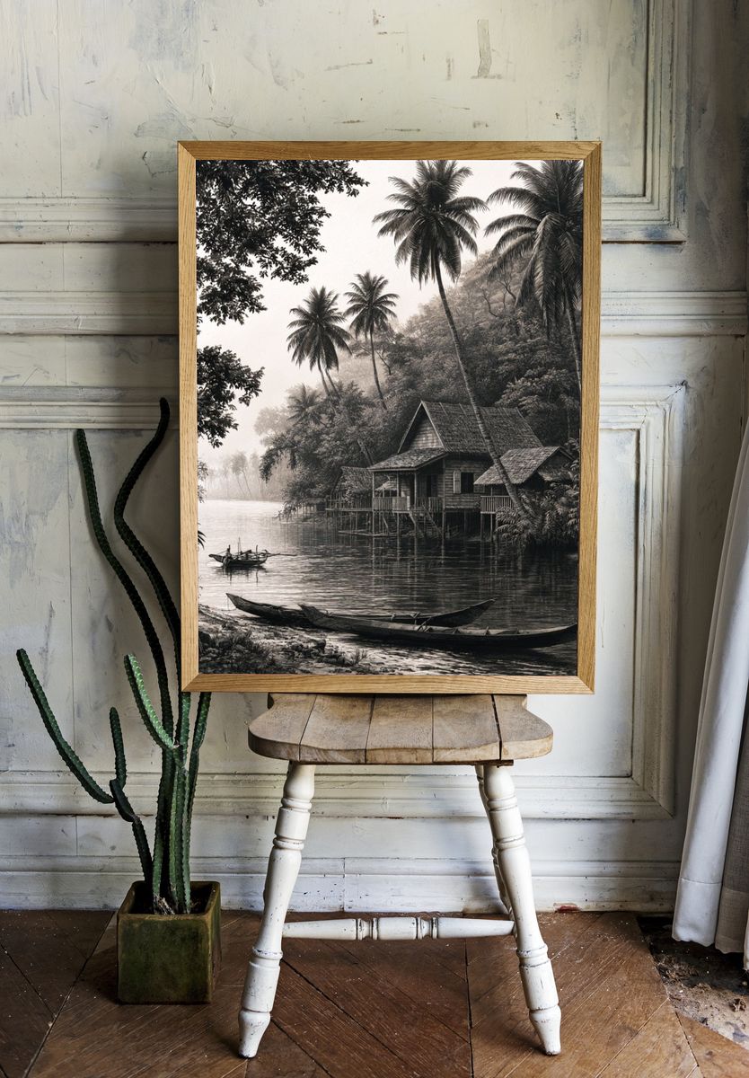 Misty River Palm Village Print. room preview