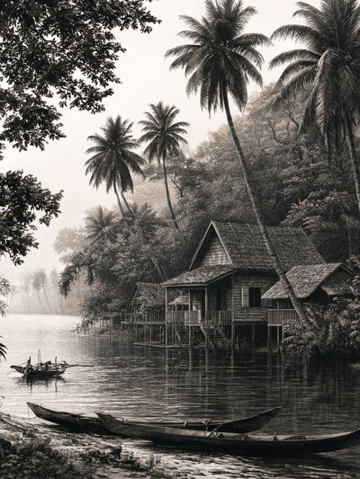 Misty River Palm Village Print.