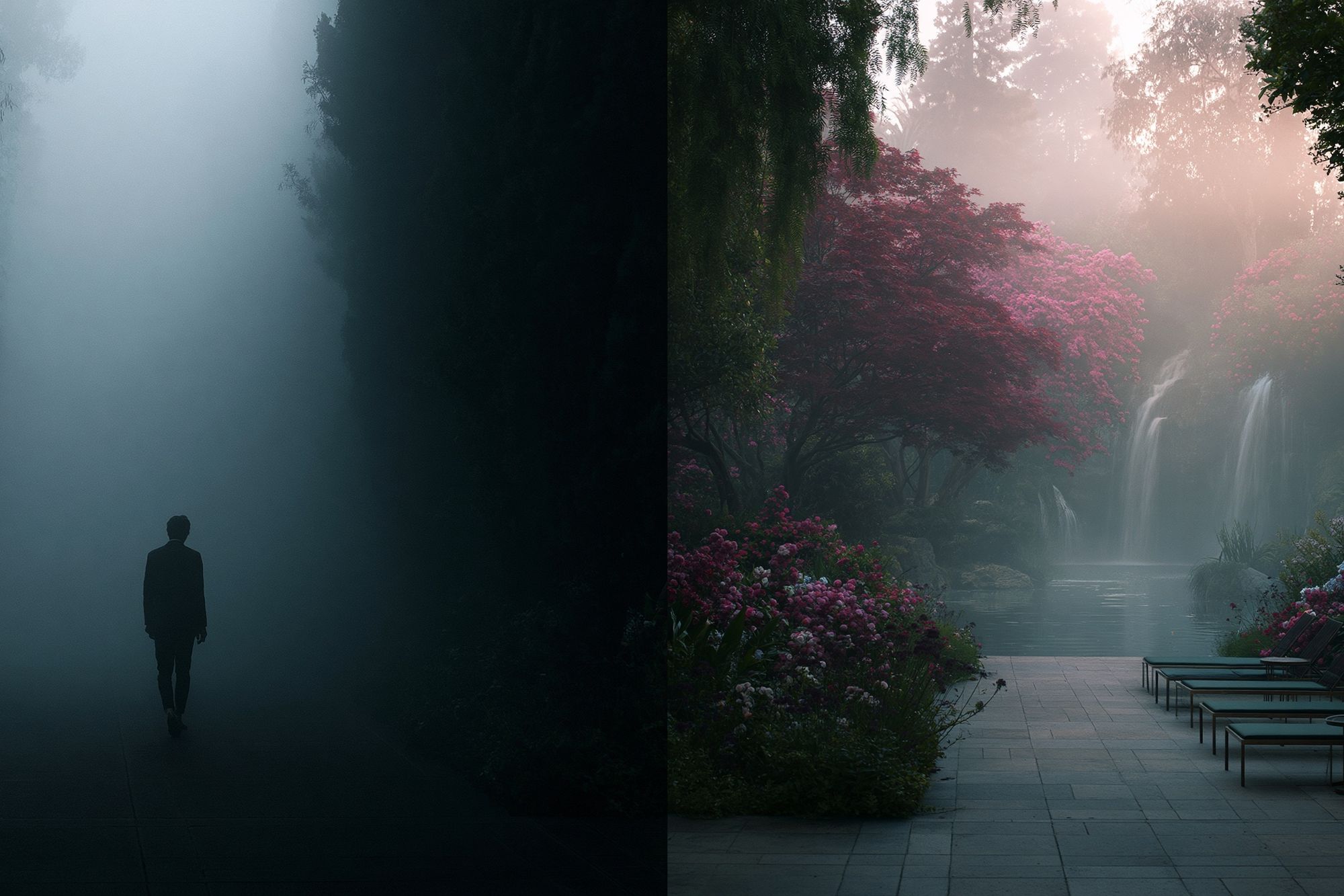 Misty Garden Waterfall Print. poster — nature art