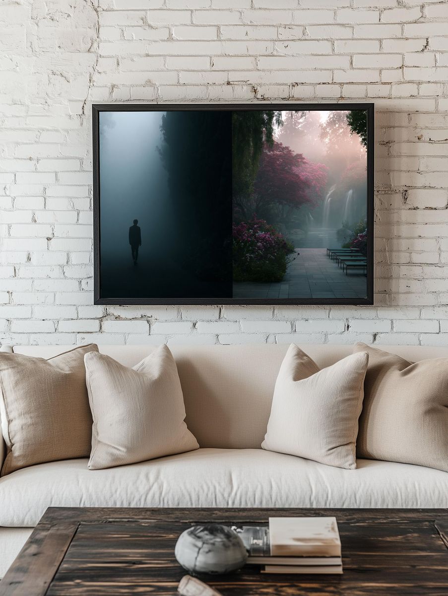 Misty Garden Waterfall Print. — room view 1