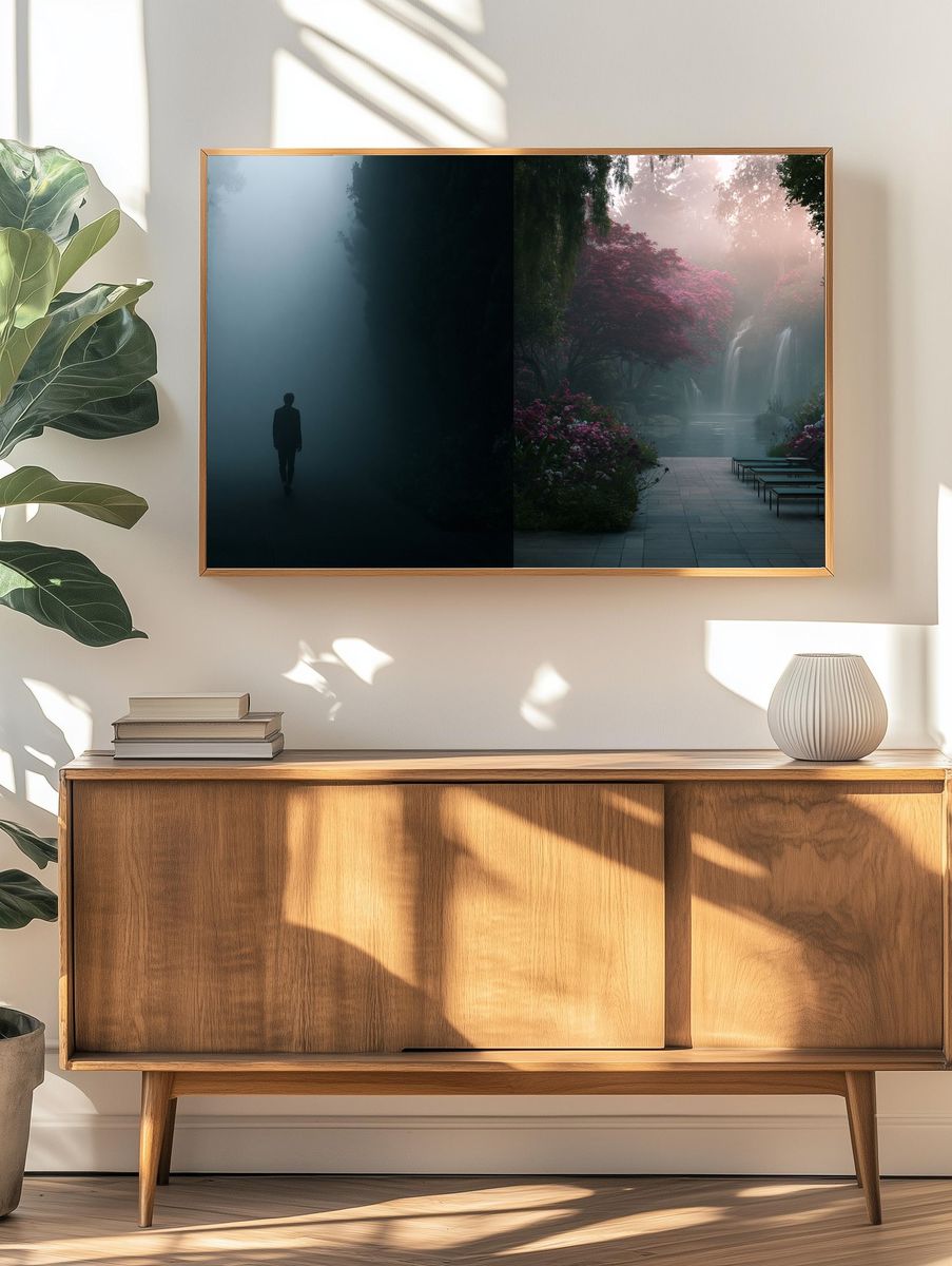 Misty Garden Waterfall Print. — room view 3