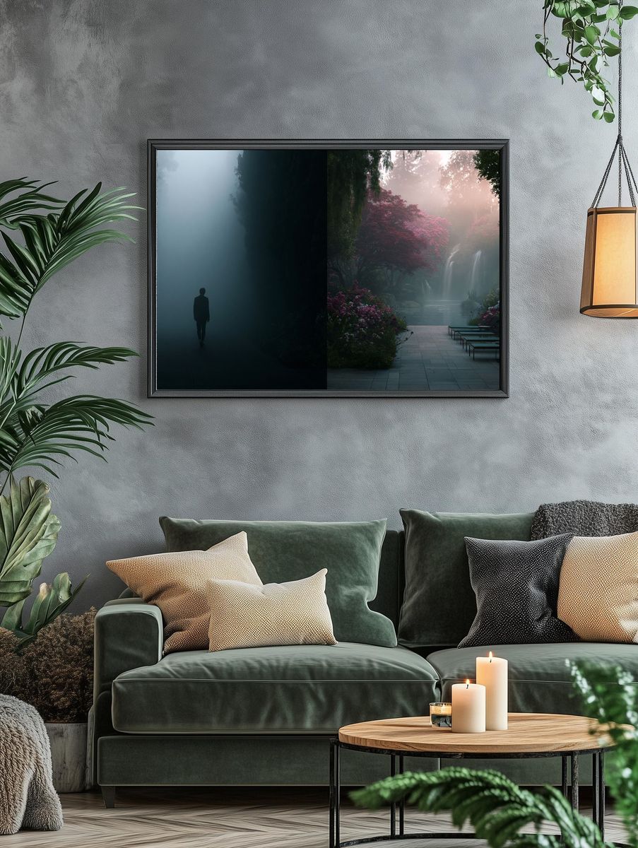 Misty Garden Waterfall Print. — room view 4