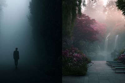 Misty Garden Waterfall Print. poster
