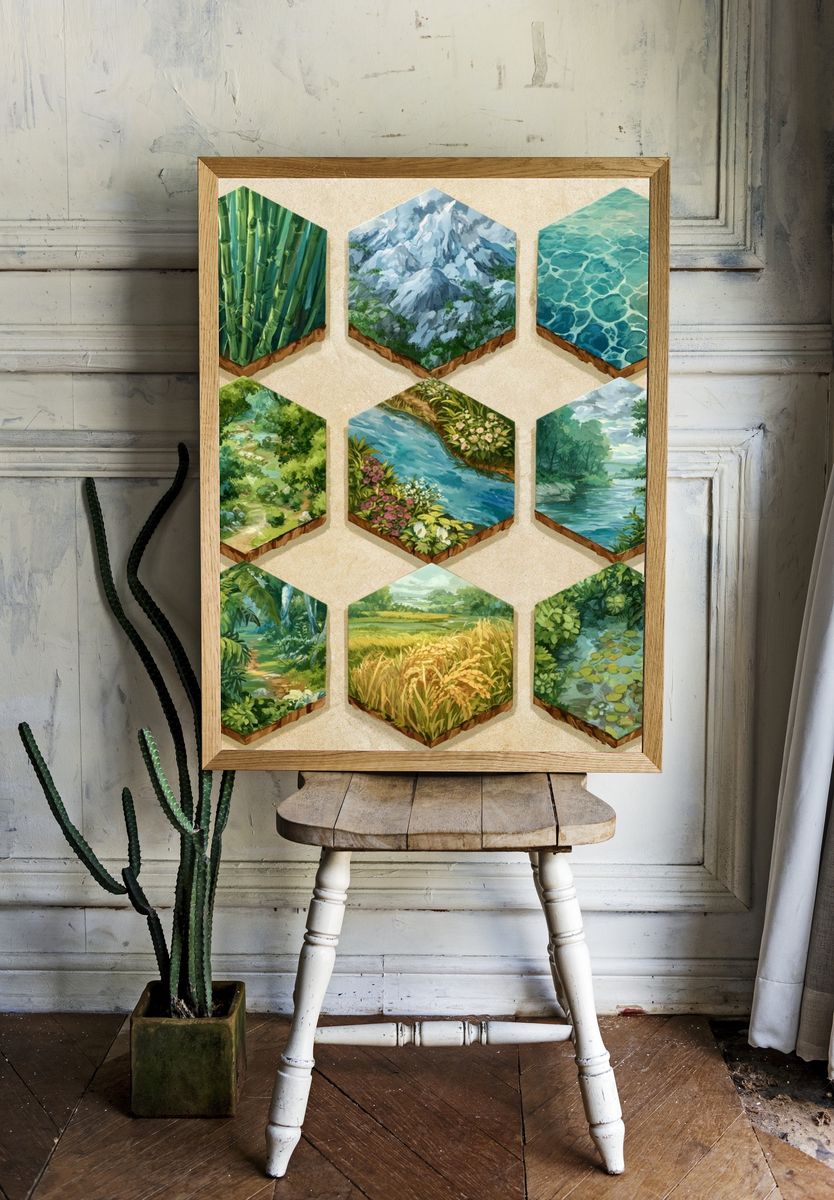 Nature Hexagon Collage Poster. — room view 1