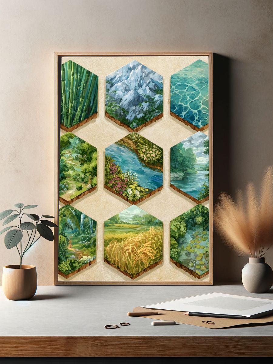 Nature Hexagon Collage Poster. — room view 2