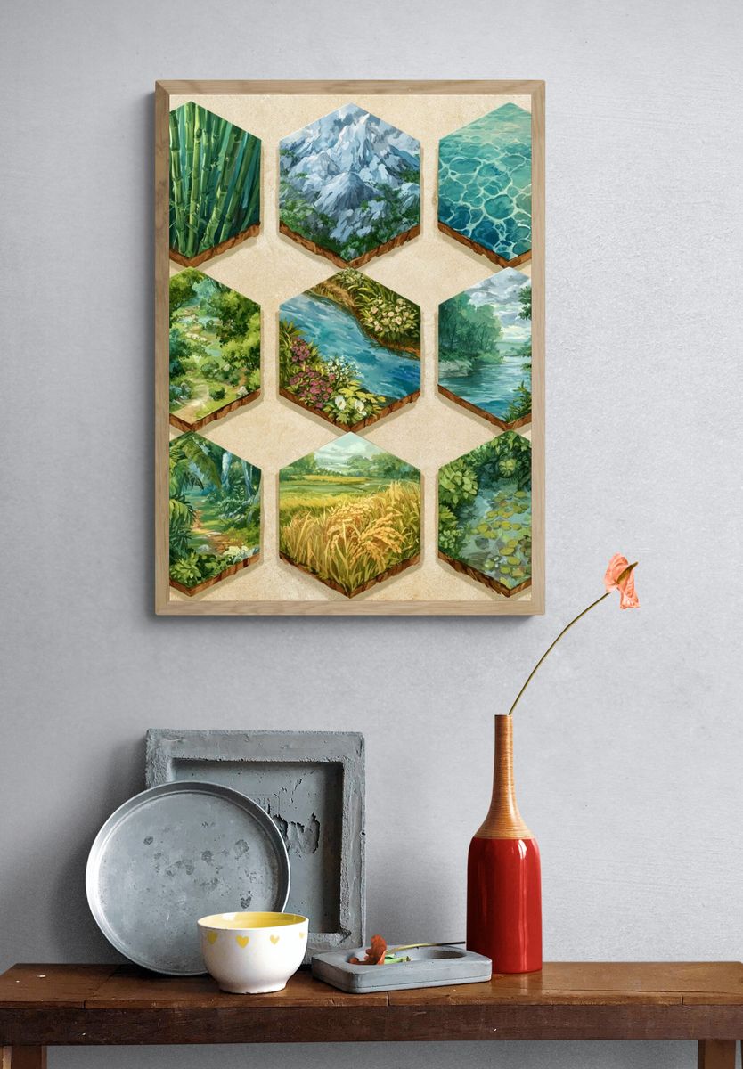 Nature Hexagon Collage Poster. — room view 3