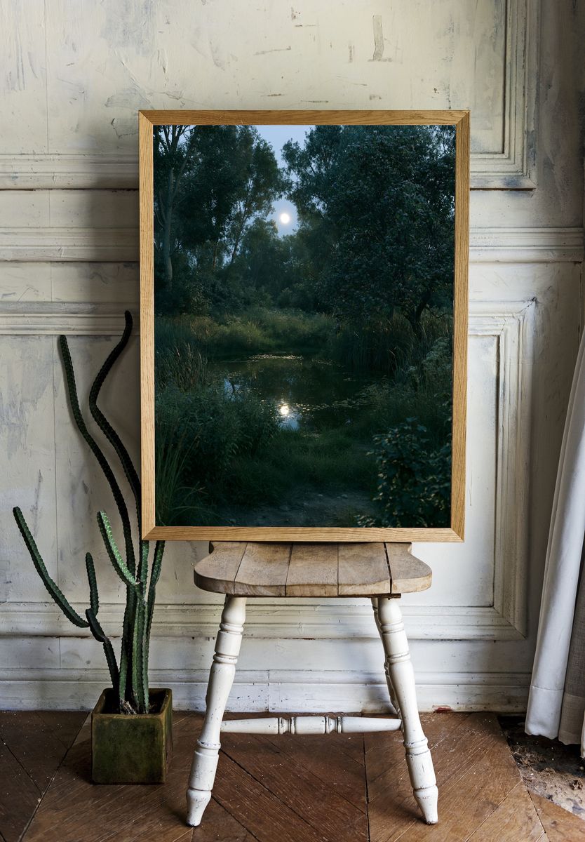 Moonlit Forest Pond Poster. room preview