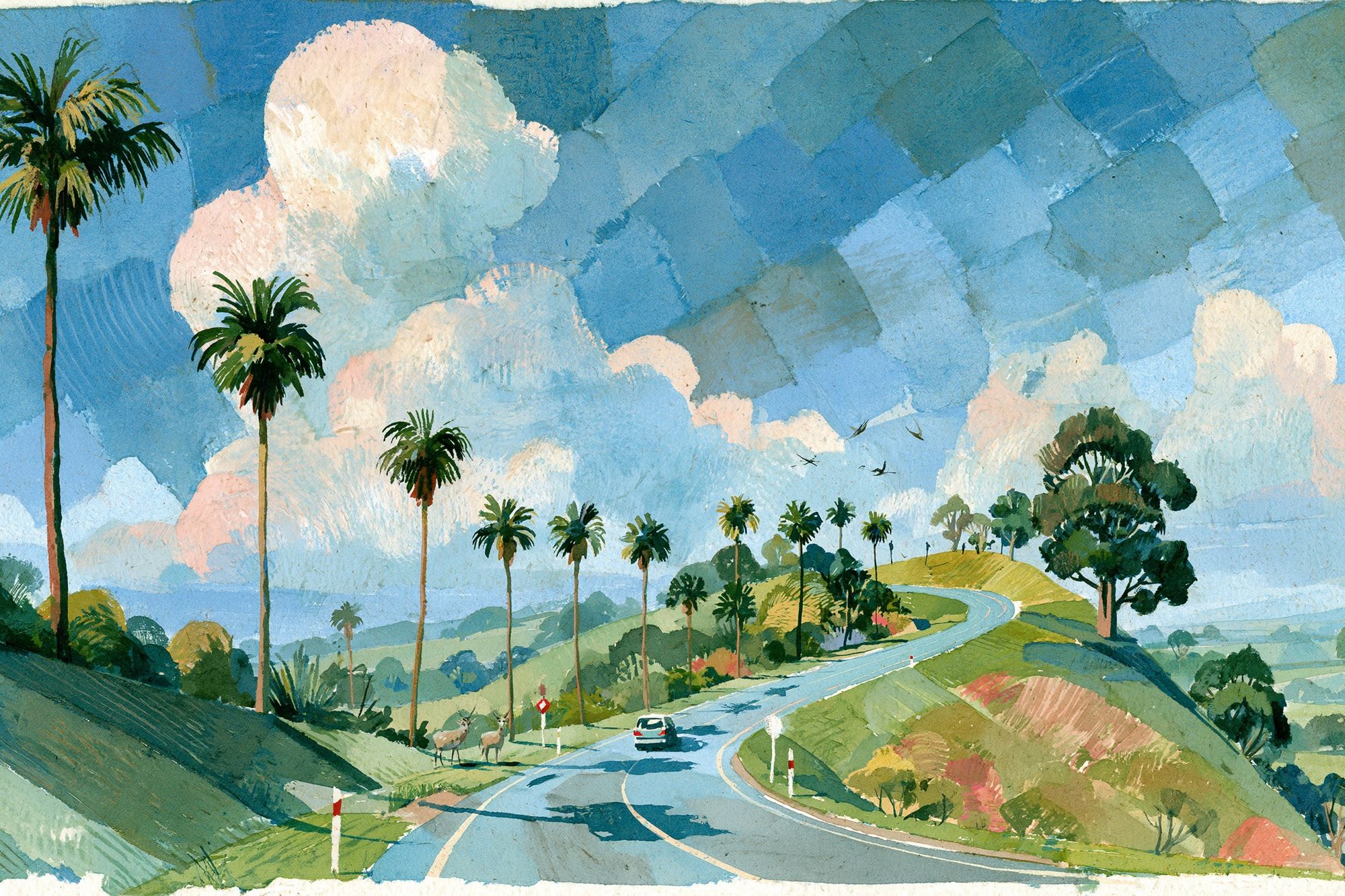 Tropical Roadscape Watercolor Poster. poster detail