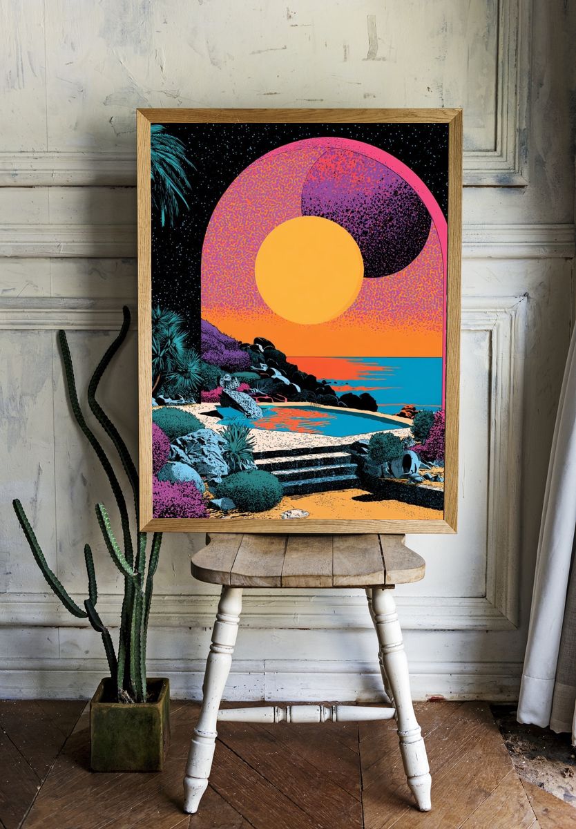 Neon Tropical Sunset Poster. room preview