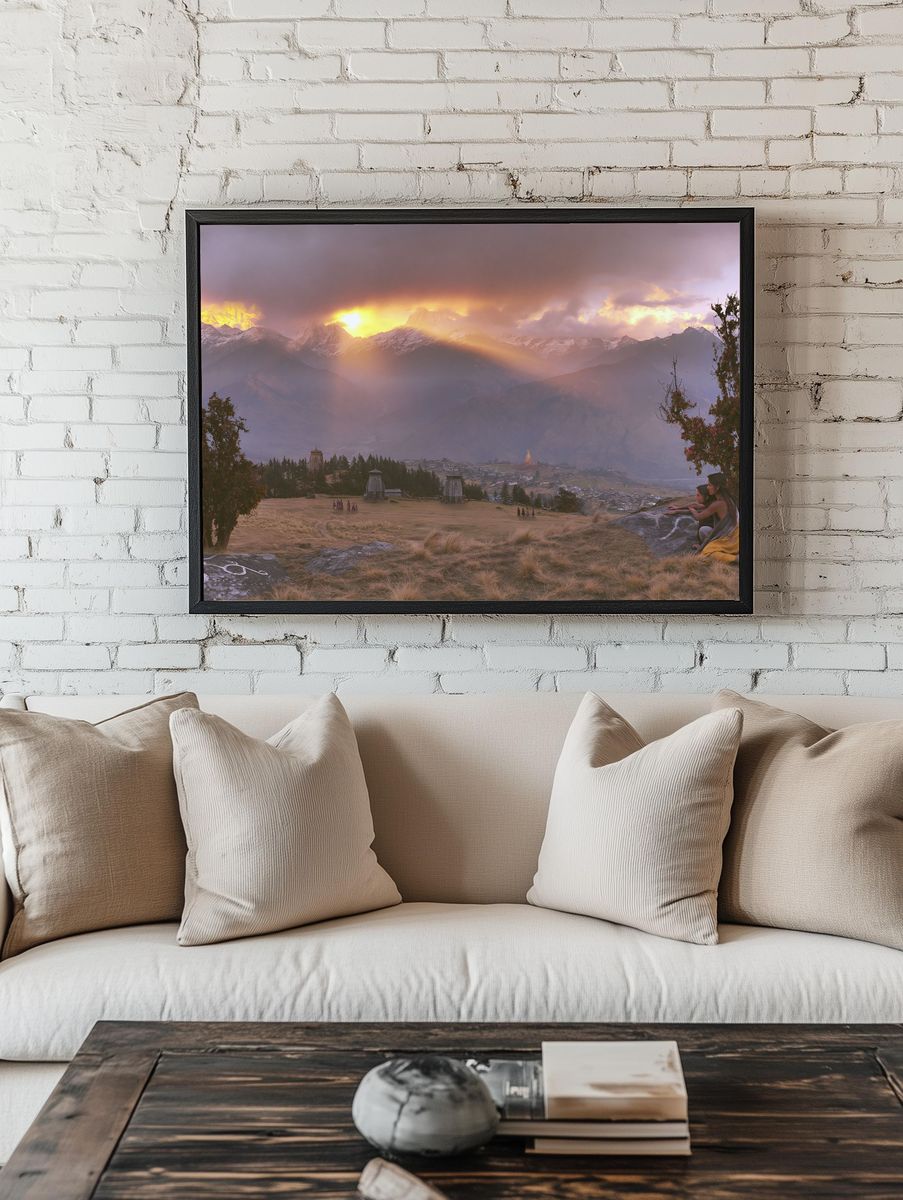 Sunlit Himalayan Valley Landscape Print. — room view 1