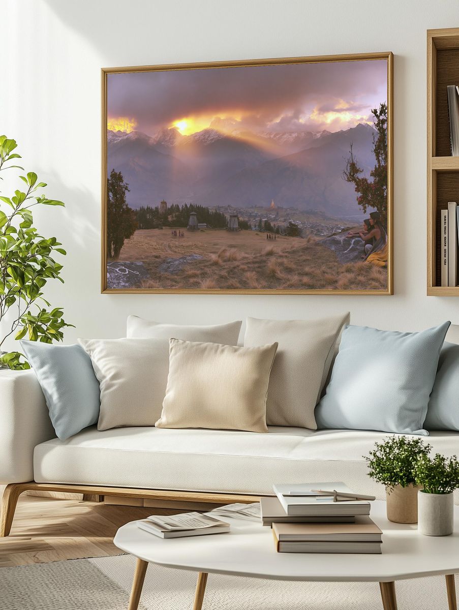 Sunlit Himalayan Valley Landscape Print. — room view 2