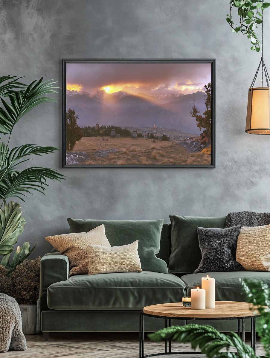 Sunlit Himalayan Valley Landscape Print. — room view 4