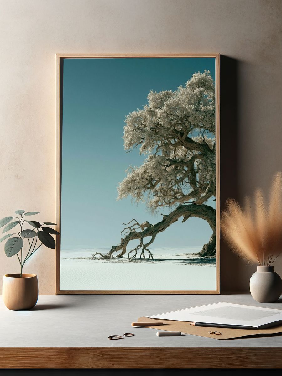 Solitary Tree in Snowy Landscape Print. — room view 2