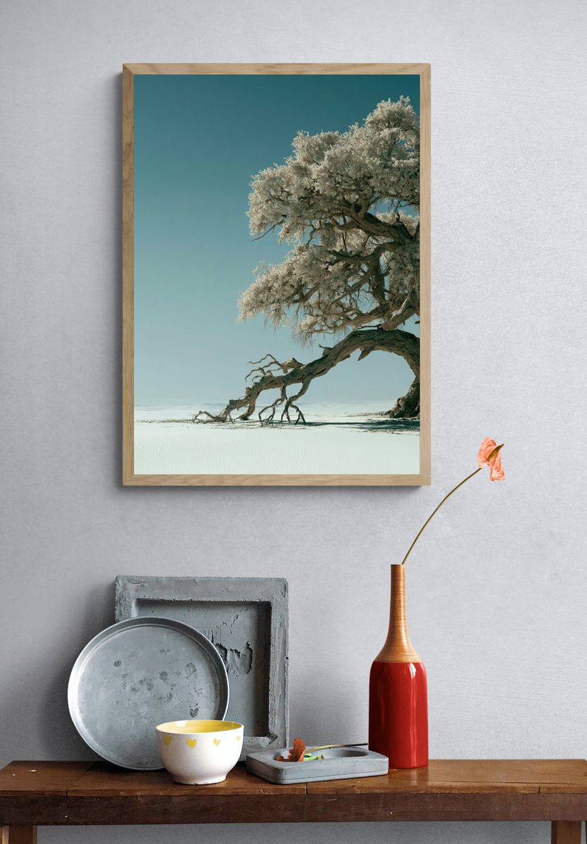 Solitary Tree in Snowy Landscape Print. — room view 3