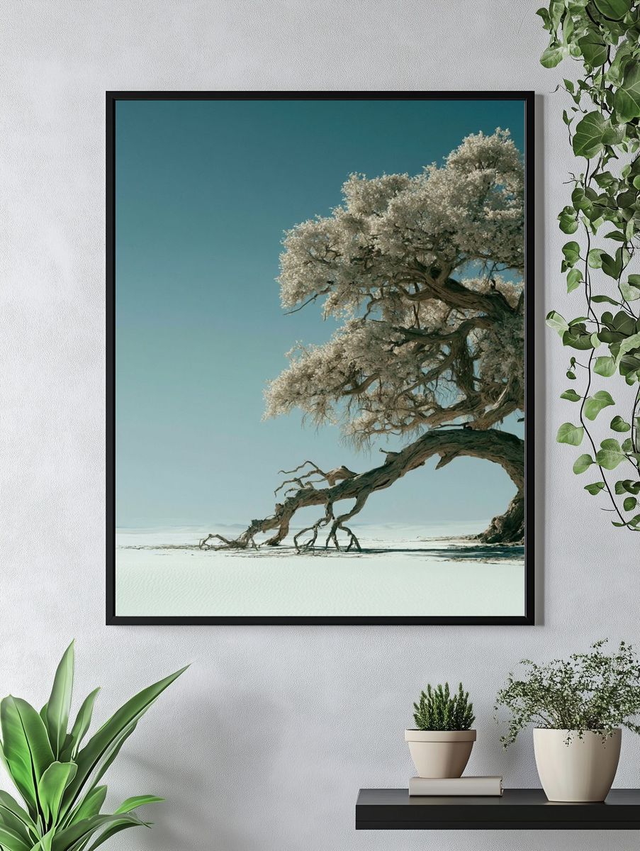 Solitary Tree in Snowy Landscape Print. — room view 4
