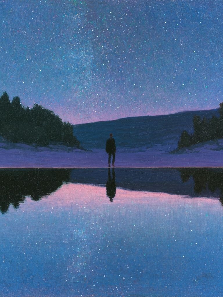 Starry Lake Silhouette Print. poster — nature art