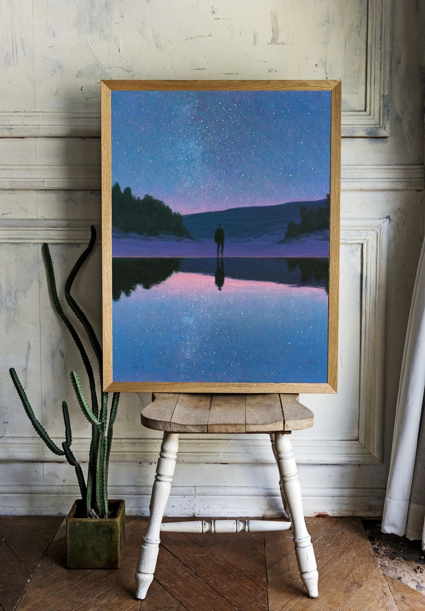 Starry Lake Silhouette Print. room preview