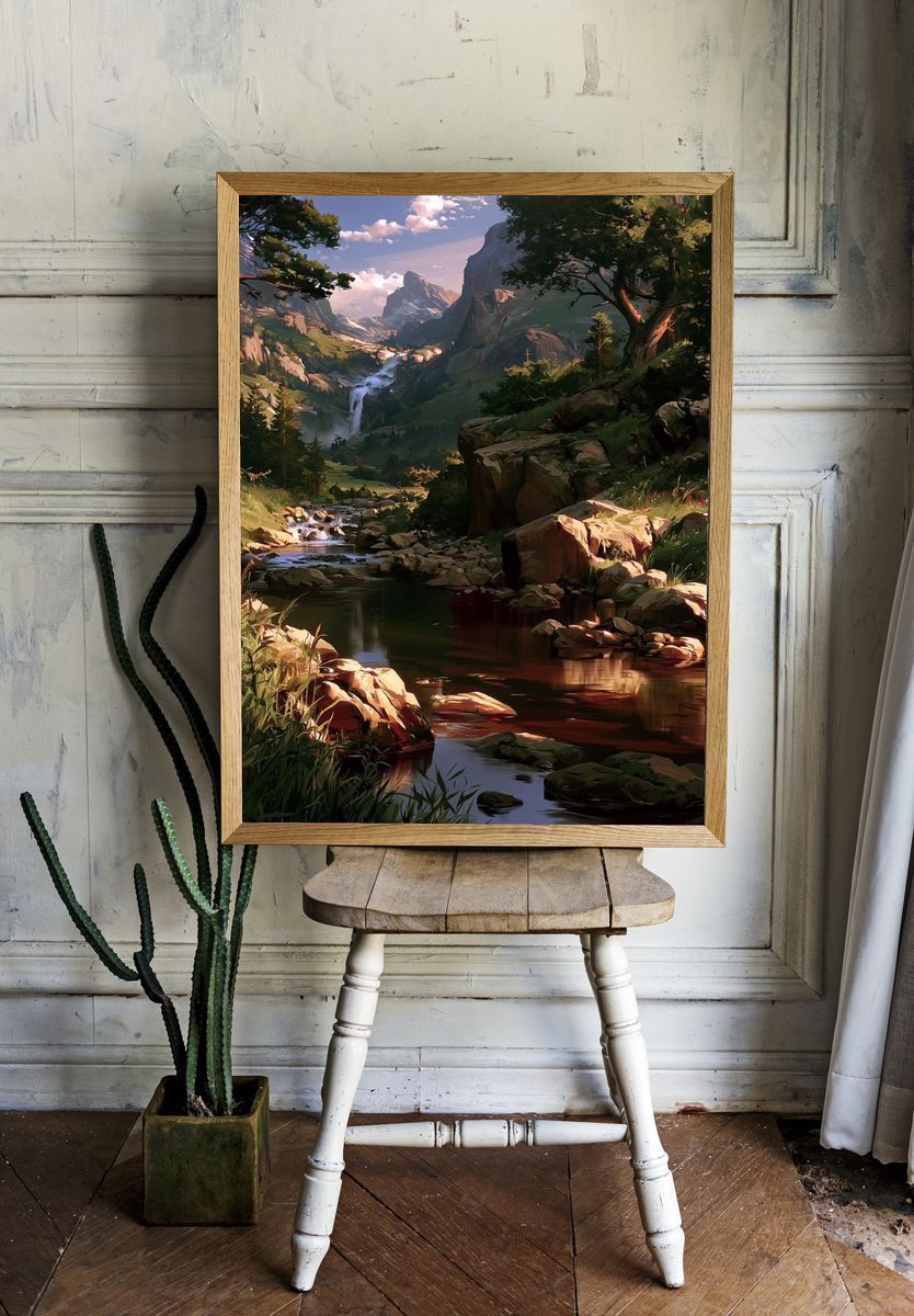 Mountain Waterfall Landscape Print. — room view 1