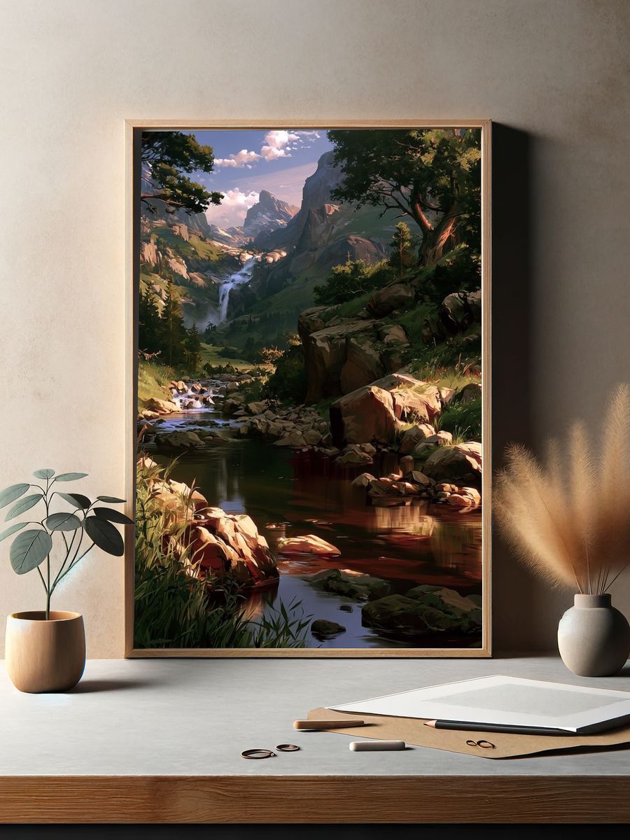 Mountain Waterfall Landscape Print. — room view 2