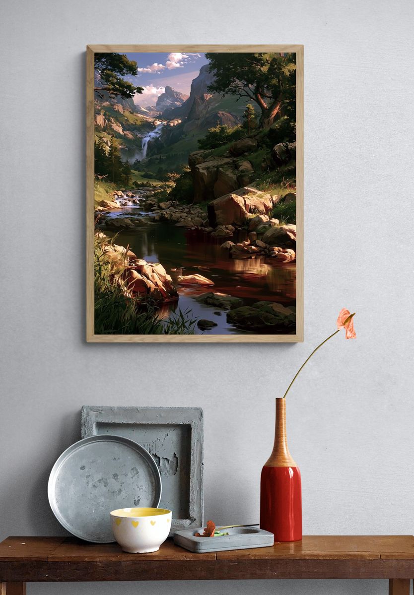 Mountain Waterfall Landscape Print. — room view 3