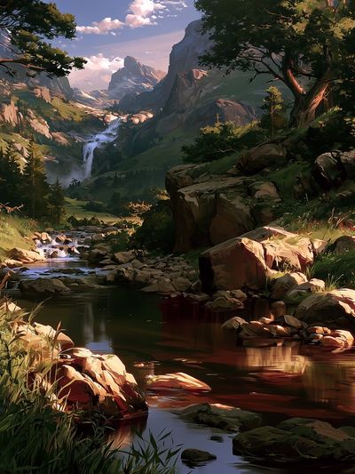 Mountain Waterfall Landscape Print.